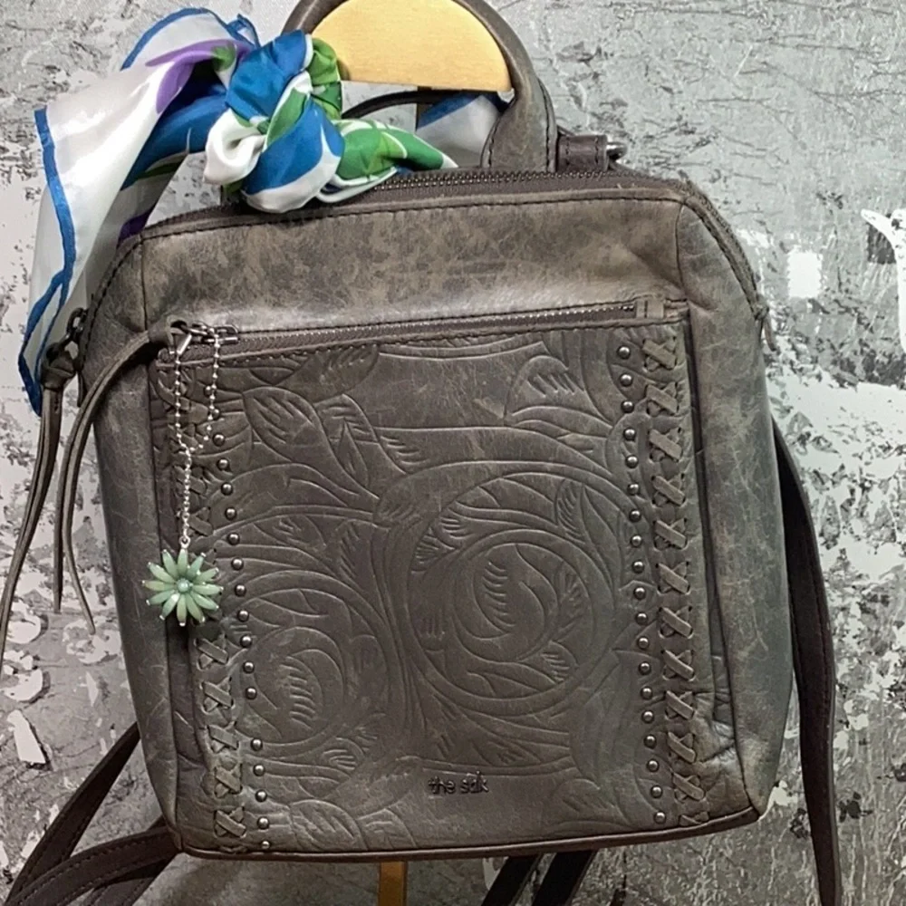 The Sak Leather Gray/ Green Embossed Leather Backpack